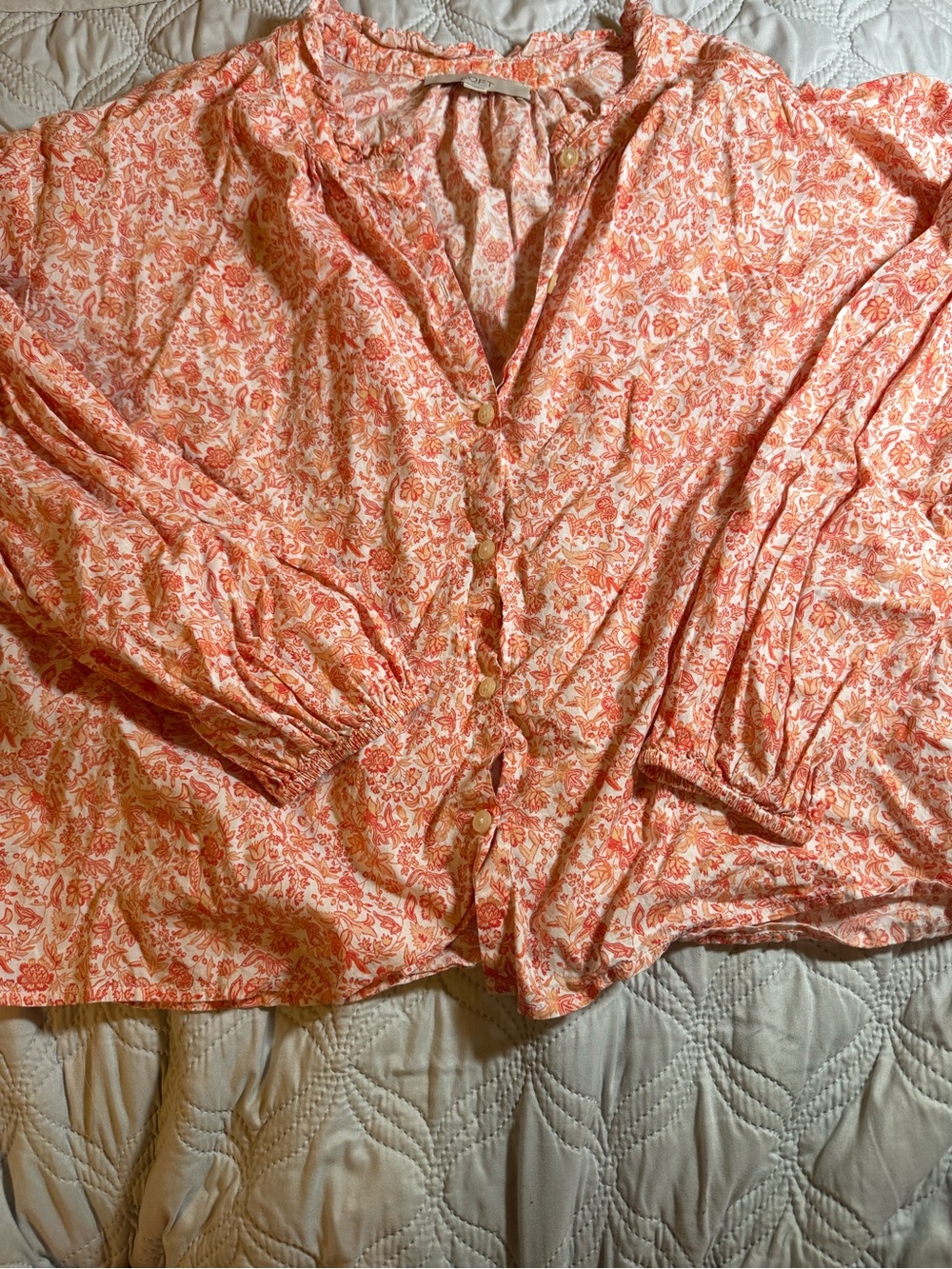 LOFT Orange Floral Button Front Blouse Size L Bohemian‎ Puff Sleeve Top - Picture 4 of 4